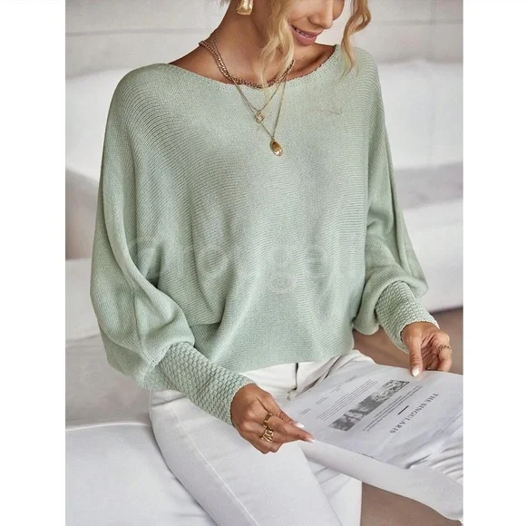 Mint Green Boat Neck Light Knit Sweater Batwing Sleeve Loose Fit, Stretchy - Picture 2 of 8